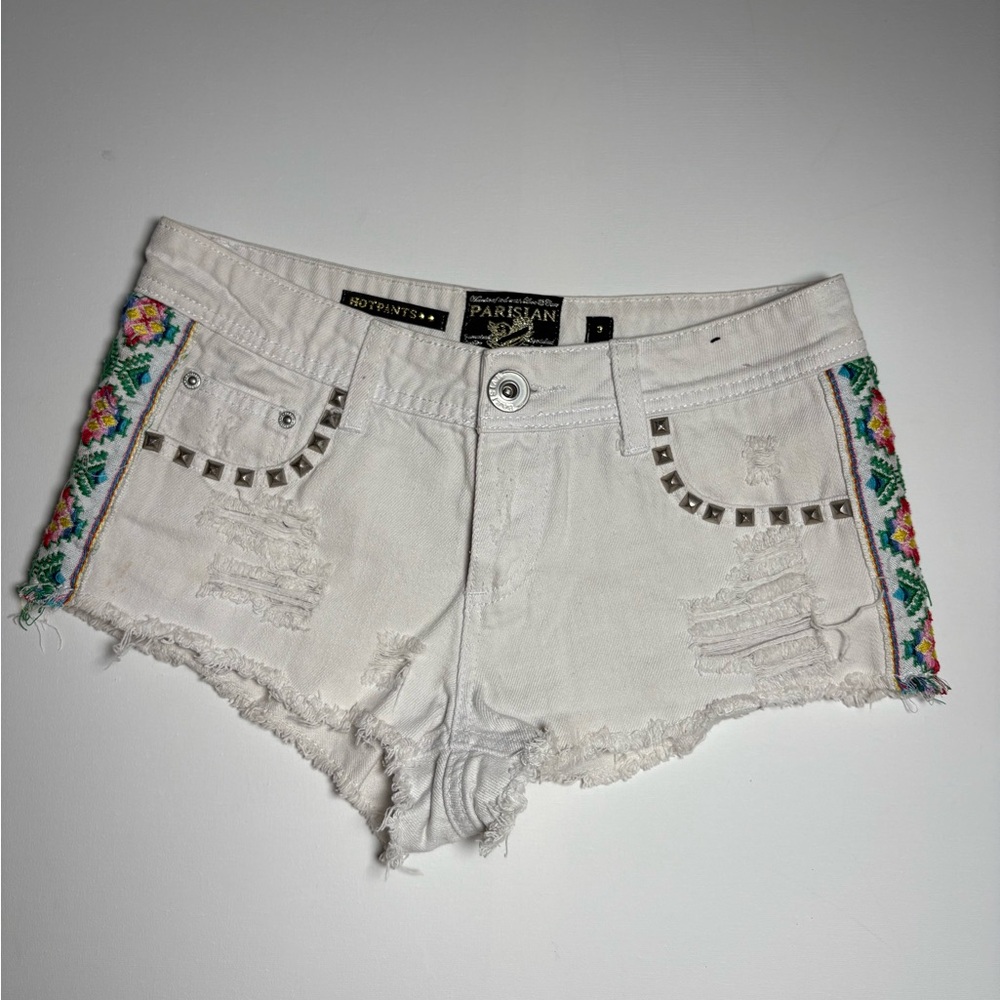 Parisian Works White Denim Shorts with Colorful Embroidery